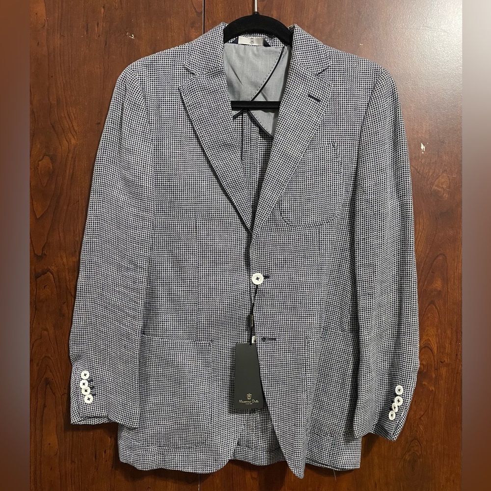 Massimo Dutti Navy & White Linen Blazer 36R Tailored Slim Fit Sport Coat